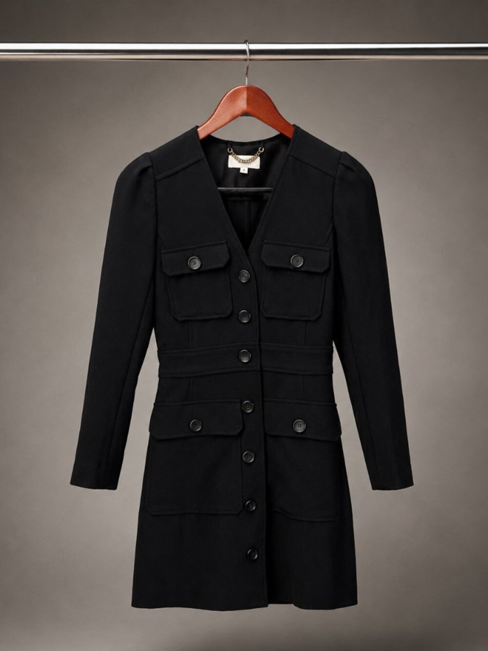 A.L.C. Ivy Button Front Long Sleeve Mini Dress Black Utility Pockets Size 0